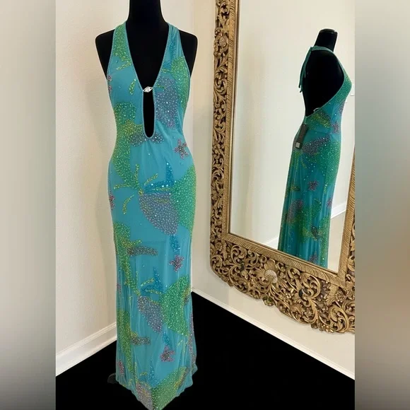 Elegant Blue hand beaded Halter Dress